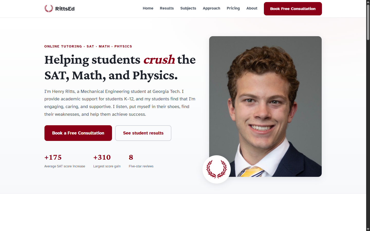 Homepage of the RittsEd tutoring website